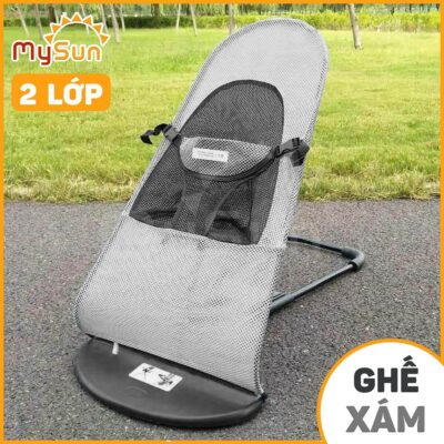 ghế nhún xám 2 lớp bập bênh đung đưa ru trẻ sơ sinh nằm ngủ nôi rung giá rẻ cho em bé ngồi chơi