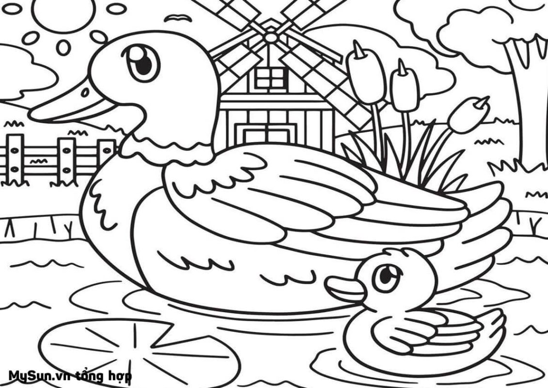 tranh tô màu con vịt mẹ và con đẹp cute