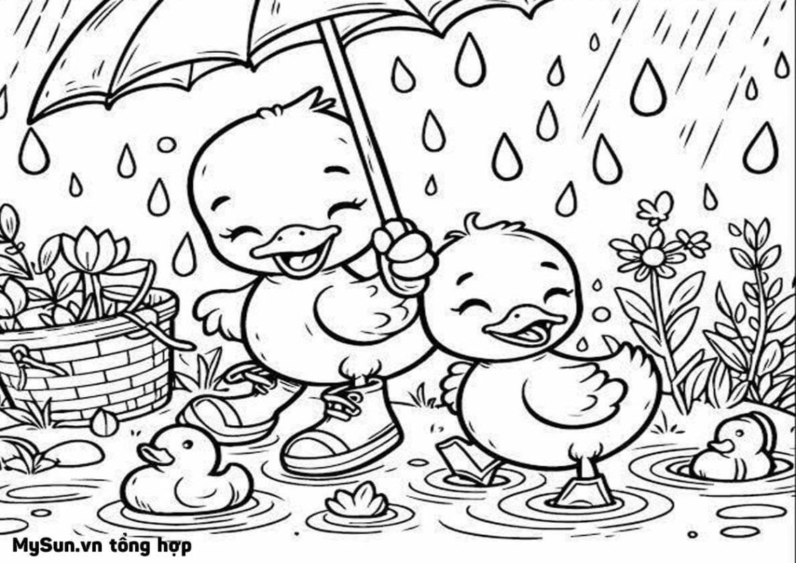hình tô màu con vịt con trú mưa dễ thương