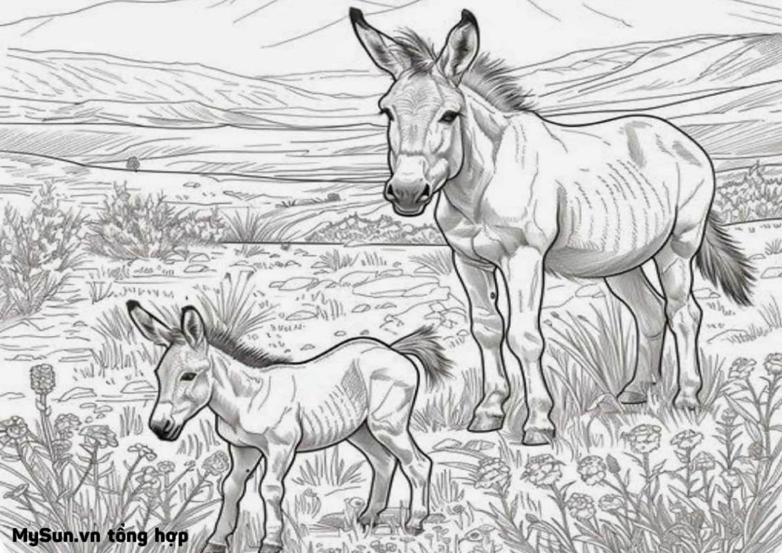 tranh tô màu con lừa trong khung cảnh