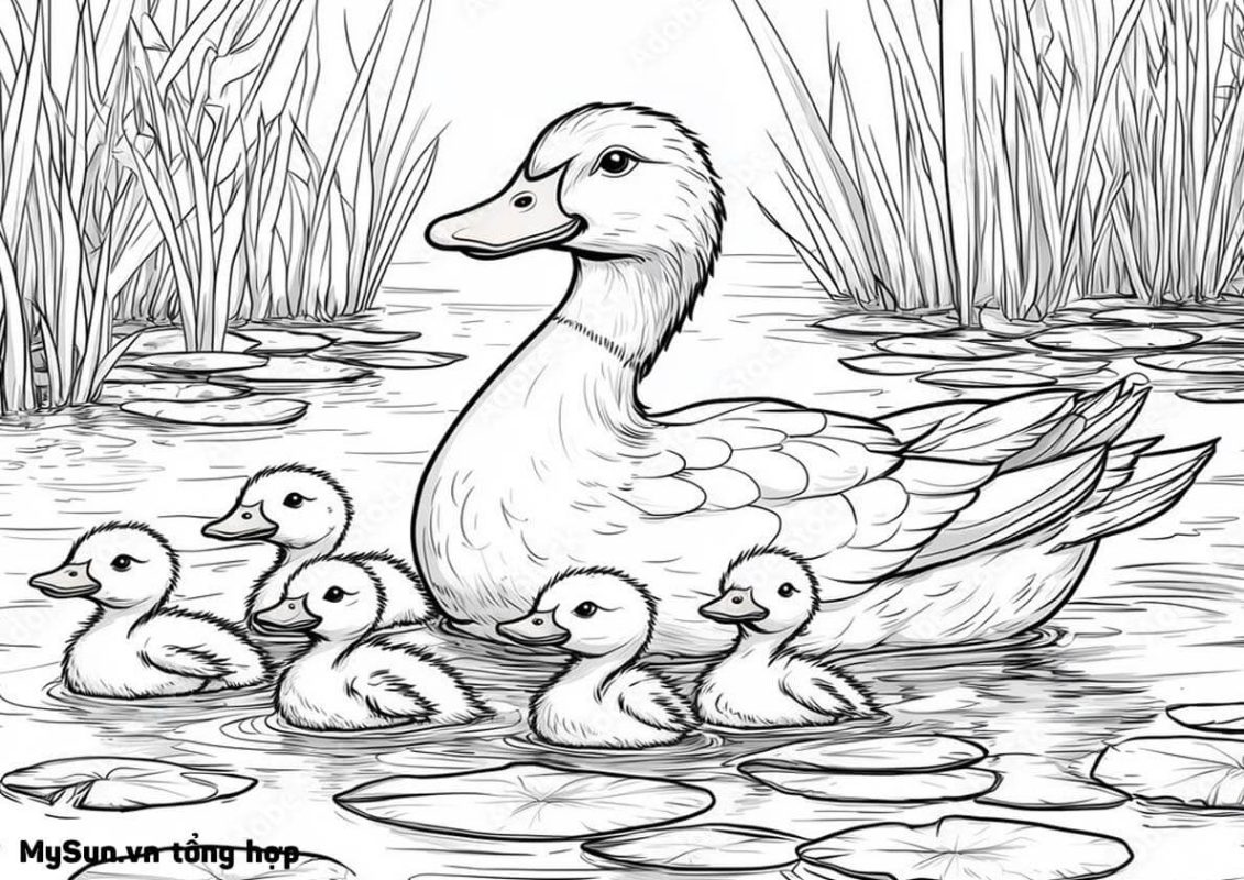tranh tô màu hình đàn vịt mẹ và con dễ thương
